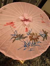 Pink Oriental Cloth And Wood Parasol.22" Long Closed. 30" Round Fully Open