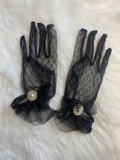 Women Black Lace Gloves Gothic Bride Wedding Mittens With Faux Pearl New