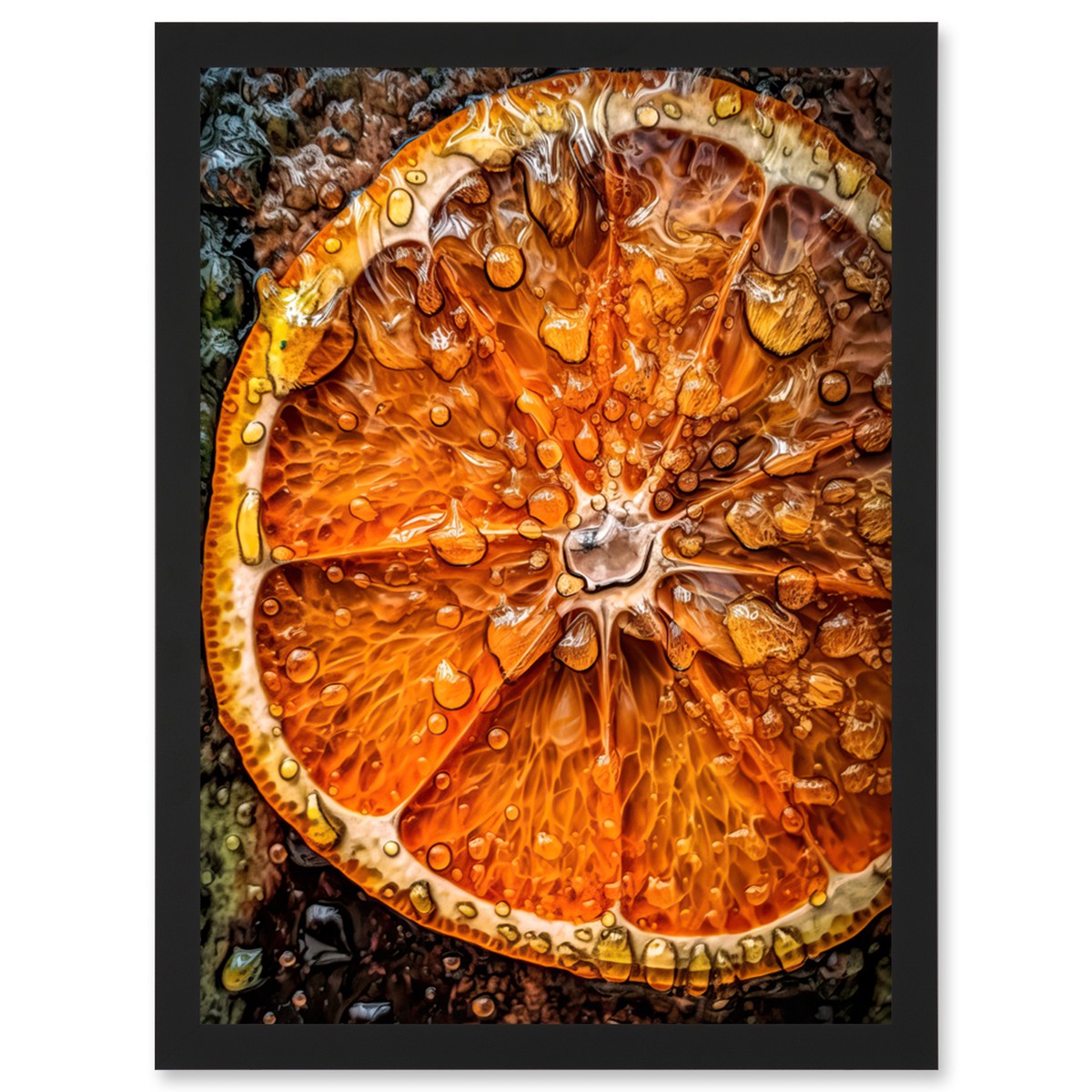 Orange Slice with Juice Droplets Macro Painting Framed Wall Art