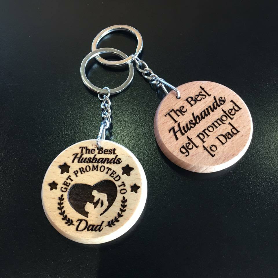 Husband Keyring Keychain Wooden Gift 'promoted to Dad'