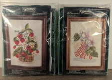VTG Strawberries + Shell Violet Crewel Embroidery Kit x2 Charmin 5x7 Green Frame