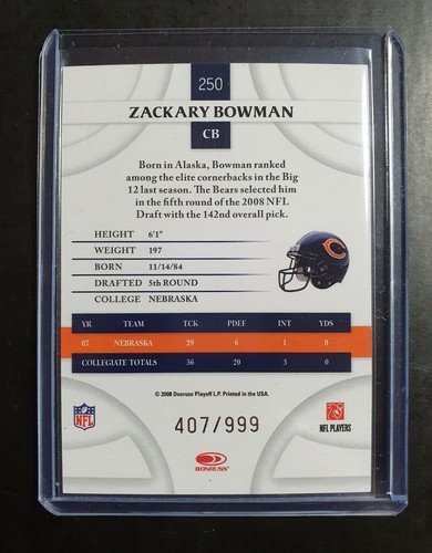 2008 NFL DONRUSS PLAYOFF ZACHARY BOWMAN ROOKIE THREADS 407/999 CB CHICAGO BEARS - Picture 2 of 2