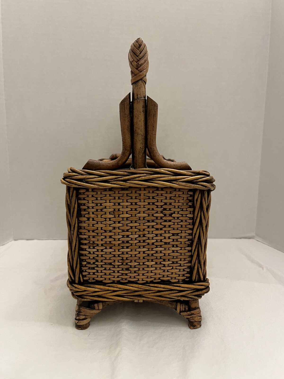 Vintage Bamboo Rattan Wicker Basket Utensil Caddy Storage Organizer