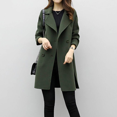 Women Warm Lapel Wool Trench Long Coat Jacket Winter Solid Overcoat Outwear New - Picture 7 of 14