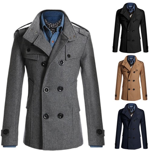 Men's Double Breasted Trench Coat Winter Jacket Formal Peacoat Overcoat Outwear - Picture 1 of 14