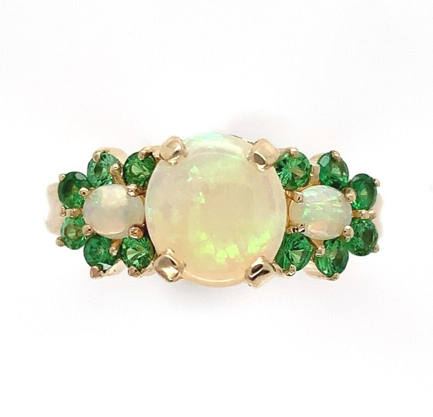 14k Yellow Gold Ring with Australian Opals and Green Tsavorite