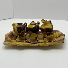 Miniature Rustic Tea Set Drip Glaze Brown Yellow Pottery Doll Primitive 1:12