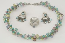 Multicolor Beaded Choker Necklace, Chandelier Earrings and Ring Coordinating Set