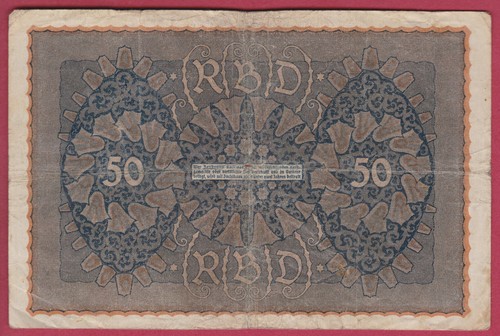 R* GERMANY 50 MARK 1919 P-66 USED DETAILS #D235 - Picture 2 of 2