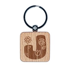Sweet and Cute Flowers Rounded Block Letter J Engraved Wood Square Keychain