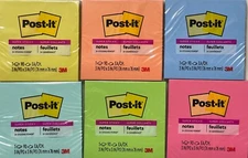 6 PADS - Post-It 654-SSPK Asst Colors 540 Sheets Super Sticky Notes - 3" x 3"