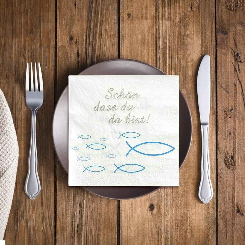 Servietten Fisch Blau Türkis, Für Junge Konfirmation Kommunion Taufe Tischdeko,  - Bild 4 von 4