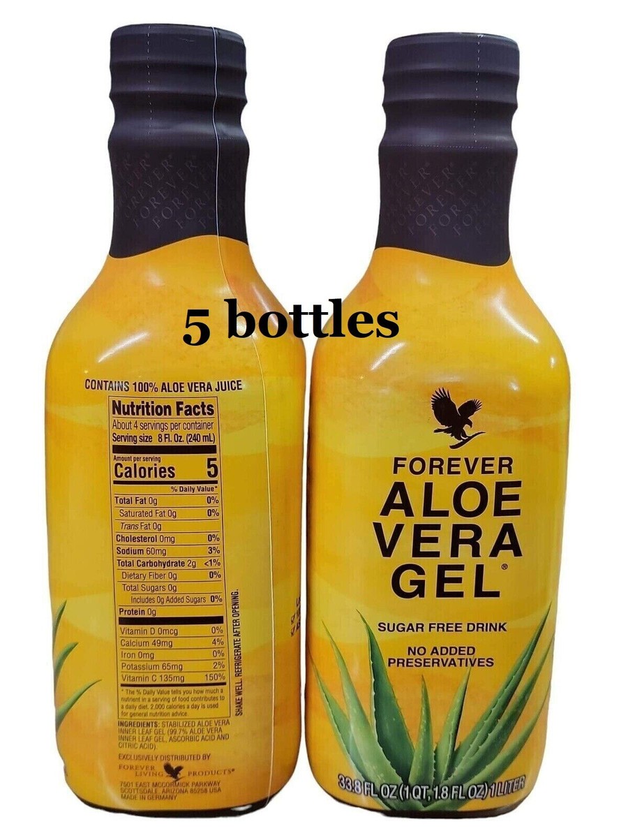 5 bottles Forever Living Aloe Vera Gel/Drink 1 Liter ea. Kosher/Halal
