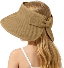 Girls Straw Sun Visor Hat, Wide Brim Ponytail Beach Hat with Bow, Foldable Packa