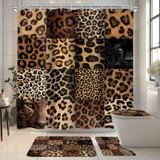 Checkered Cheetah Print Shower Curtain Set 4Pcs Bathroom Set with Rugs A01