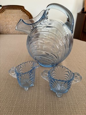 Vintage Moonlight Blue Cambridge Caprice Ball Pitcher plus Footed Cream & Sugar