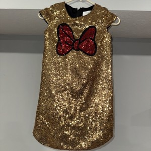 Disney Store Minnie Mouse Bow Gold Sequin Shift Girls Party Dress Holiday 7/8