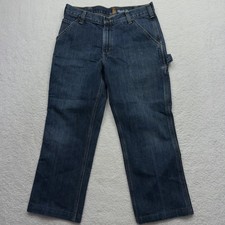 Carhartt Jeans Mens 32x26 Blue Denim Relaxed Fit Carpenter Hammer Loop HEMMED