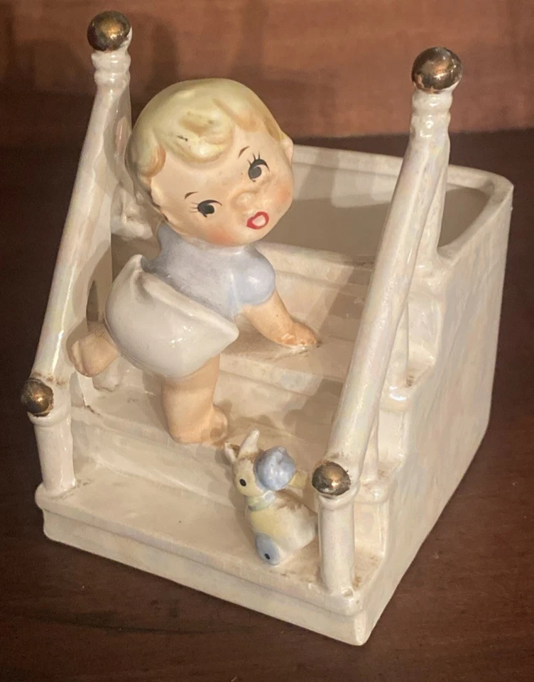 Vintage Relpo Baby & Duck on Stairs Planter Mid-Century Ceramic Figurine 1960s - Image 1 of 4