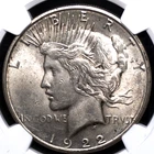 1922 S PEACE DOLLAR NGC MS 62 SLIGHTLY GREYING SILVER SATIN LUSTER, ORIGINAL AND