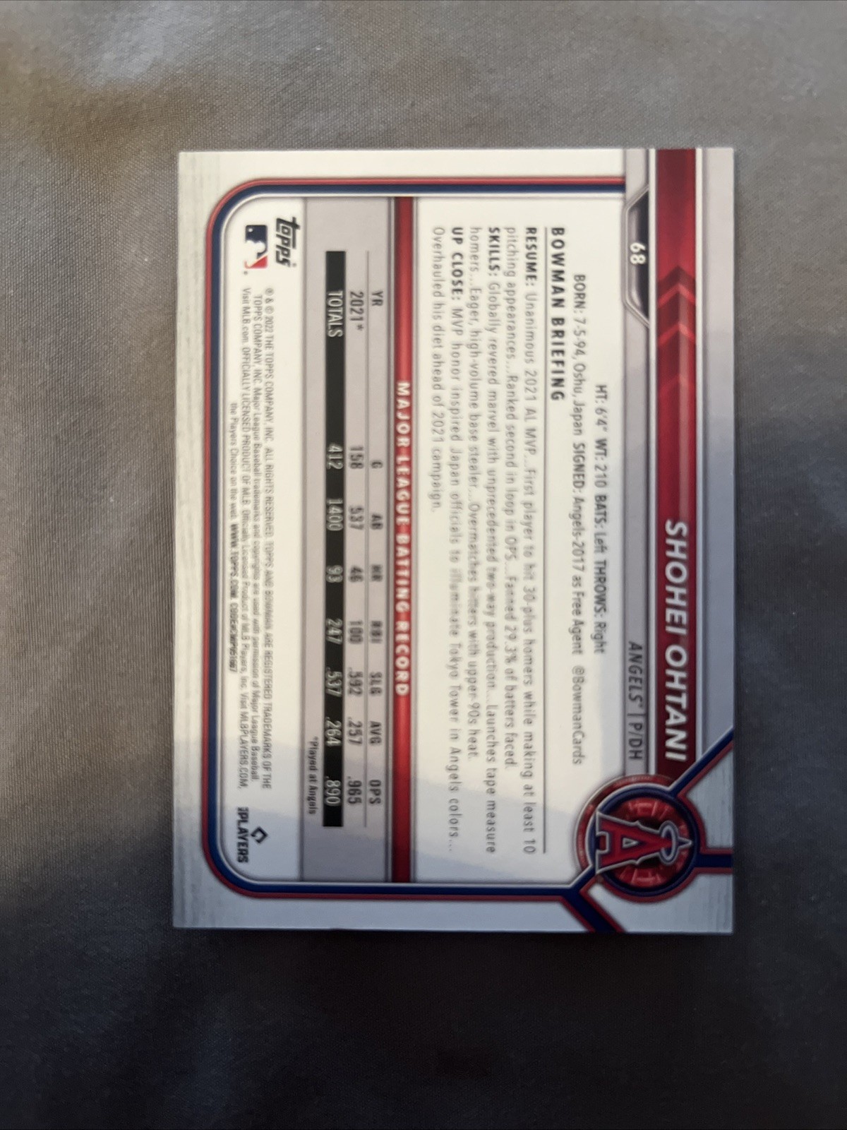 2022 Bowman Shohei Ohtani #68 Sky Blue /499 view 2