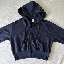 Abound Navy Blue Cropped Zip Up Hoodie Sweatshirt Ribbed Hem Pockets Small