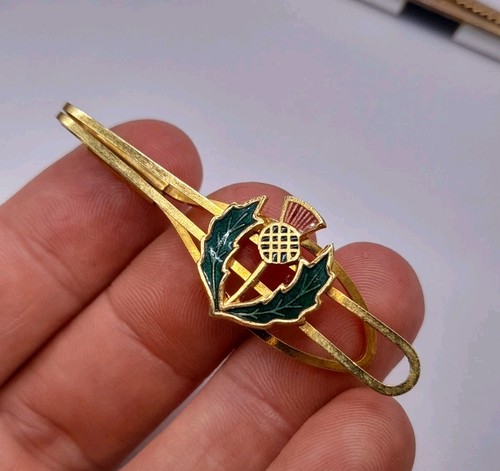 Vintage Gold Tone & Enamelled Scottish Thistle Tie Bar Clip - Gents Accessory - Picture 3 of 6