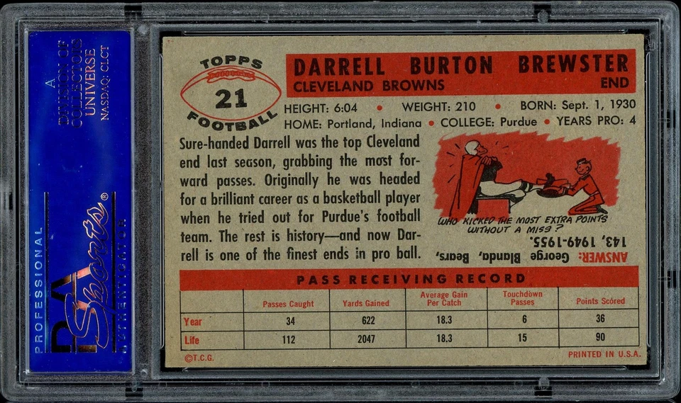 1956 Topps Football #21 Darrel "Pete" Brewster PSA 6 - Image 2 of 2