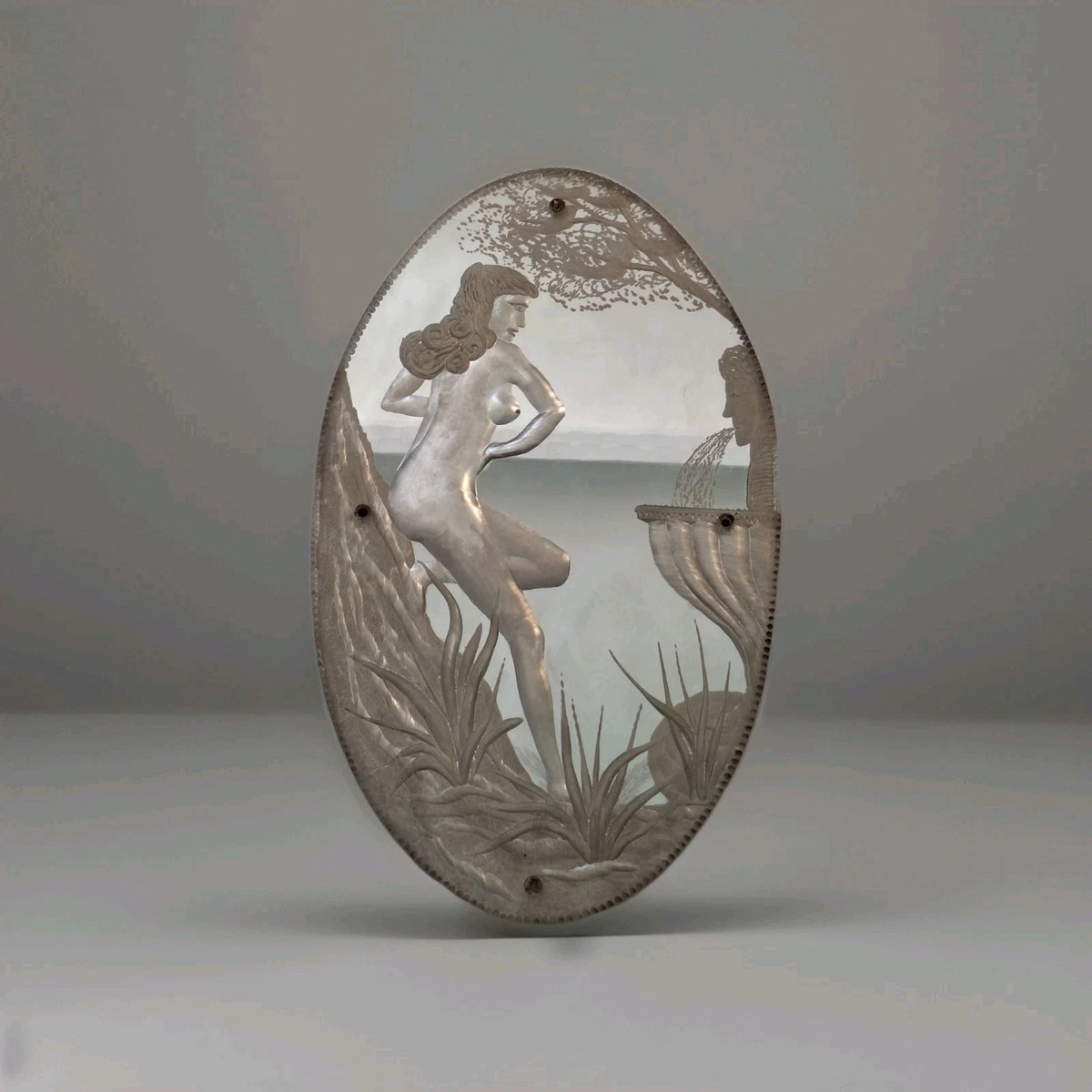 Antique Art Deco Mirror, Beveled Etched Silver Glass, Oval Myth Scene Woman