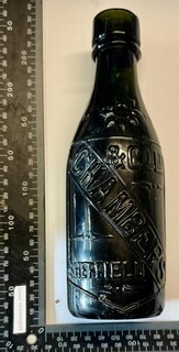 1905 Black Glass Beer Bottle CHAMBER’S of SHEFFIELD (K876)