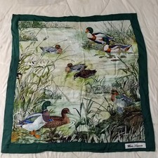 Vintage Silk Cr pe Scarf Ducks Nature Print Large Square 89x89cm Green Border