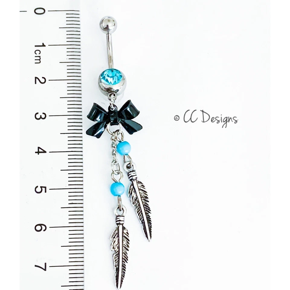 14g Dangle Blue Bead Black Bow Leaf Feather Boho Belly Button Ring (B212) - Image 3 of 3