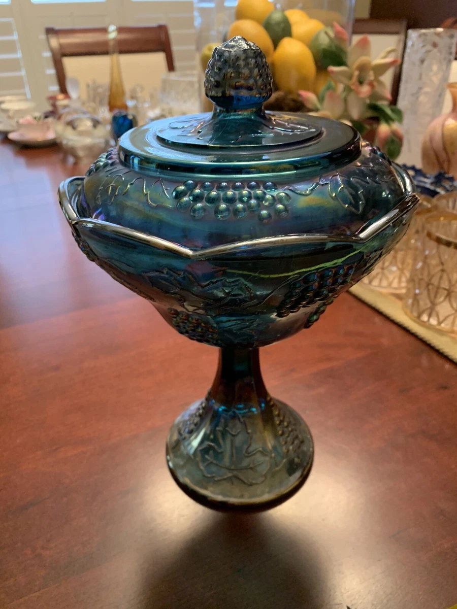 Vintage Blue Carnival Glass Candy Dish With Lid Harvest Grape