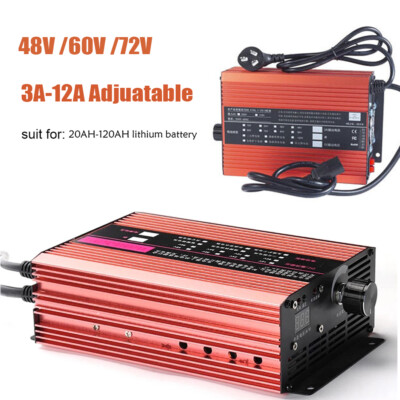 48V-72V Li-ion LiFePo4 Lithium Battery Fast Charger 2A-12A Adjustable Current
