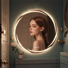LUVODI Unique LED Illuminated Round Bathroom Vanity Mirror Anti-Fog Dimmable