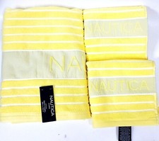 NEW 3 PCS NAUTICA SURF DRIVE YELLOW GRAY STRIPE COTTON BATH,HAND TOWEL,WASHCLOTH