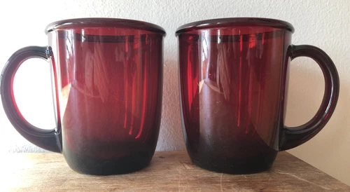 Set Of 2 Vintage Ruby Red Clear Glass Coffee Mugs Cups Arcoroc France Pair Two