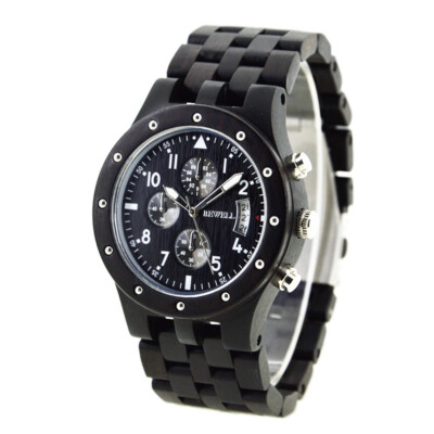 Holzuhr Herrenuhr Datum Chronograph Sandelholz-schwarz BEWELL 46mm