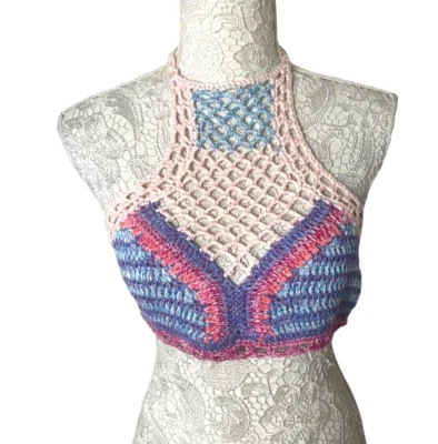 Zara Crochet Knit Halter Crop Top Women's UK Size Large Open-Mesh Upper Pastel - Image 1 of 4