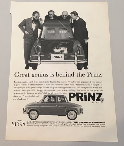 Vintage 1960s Rare Prinz by NSU Automobile Ad - Picture 2 of 6