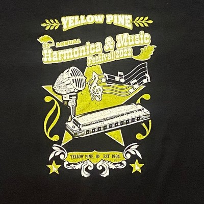 Gildan Shirt Mens S Yellow Pine Harmonica Music Festival Idaho 2022 Black Tee