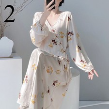 Damen Froschknopf Nachthemd Blumen Print Nachtwäsche Langarm Kleid Locker