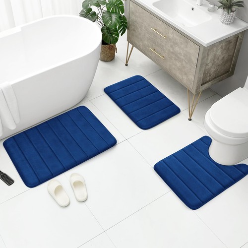 Navy Blue Memory Foam Bathroom Rug Set 3 Piece, Non Slip Extra Soft Absorbent... - 第 5/8 張圖片
