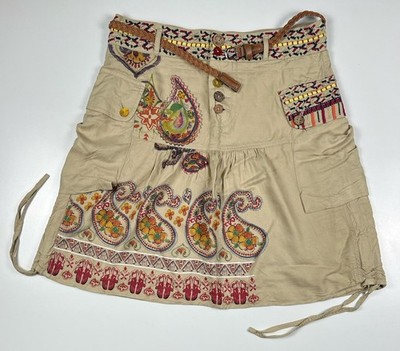 Desigual Damen Rock S beige bestickt Blumen Skirt Mini Casual Boho