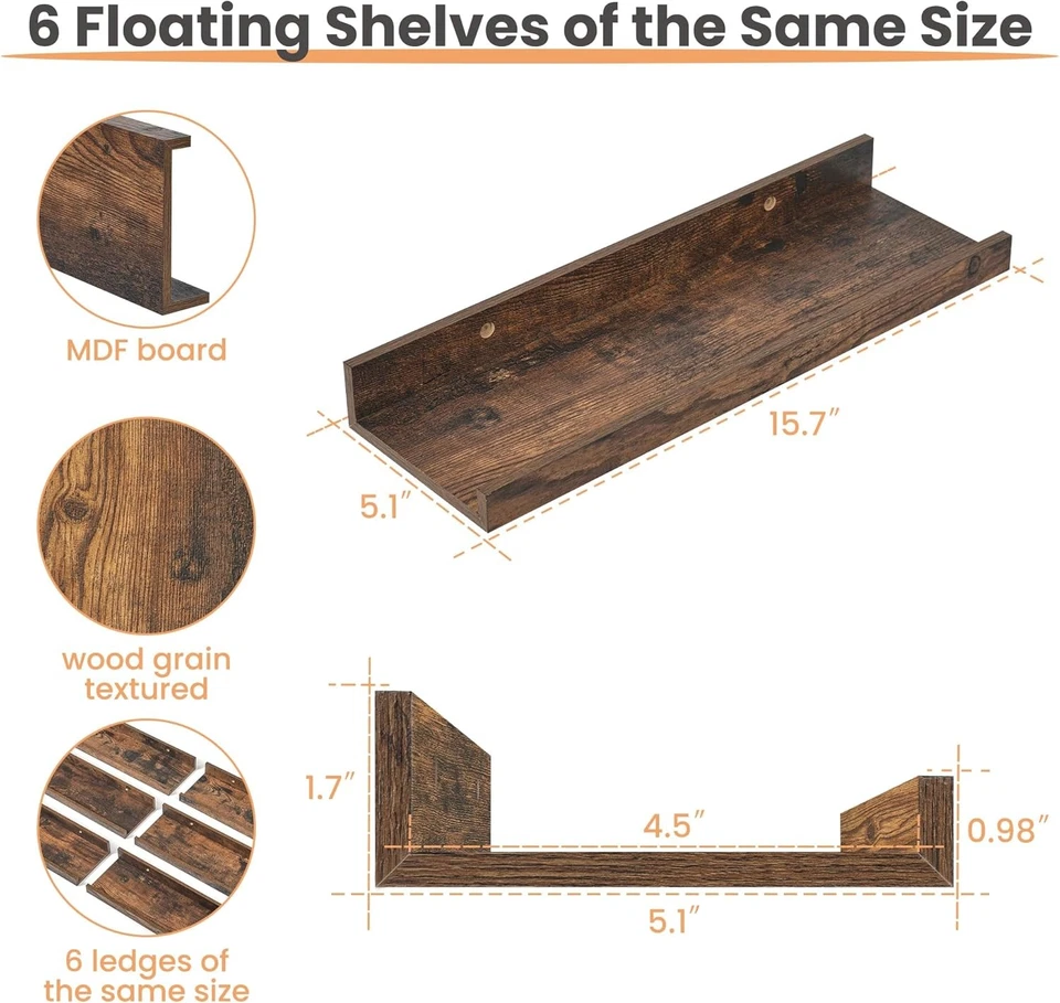 Набор из 6 плавающих настенных полок деревянные настенные кромки для хранения коричневые - Изображение 3 из 4