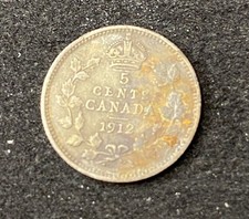 1912 Canada 5 Cents 5c 0.9250 Silver ASW 0.0336 Oz Free Shipping