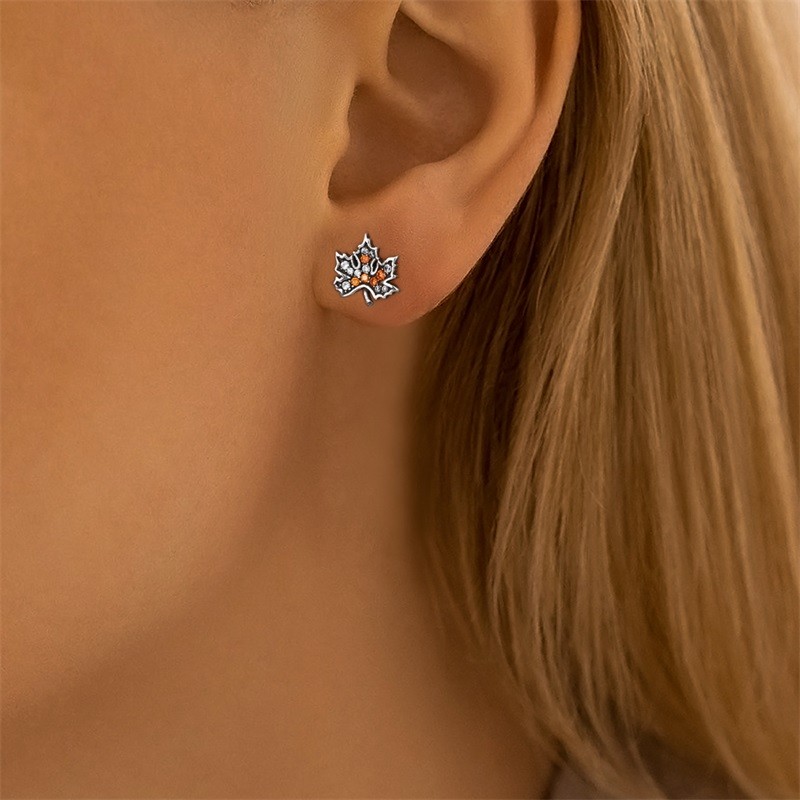 KUNSIR 925 Sterling Silver Asymmetry Maple Leaf Stud Earrings For Women Jewelry