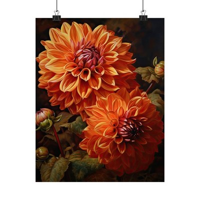 Orange Dahlia Flower Art Print Poster, Flower Painting, Flower Décor