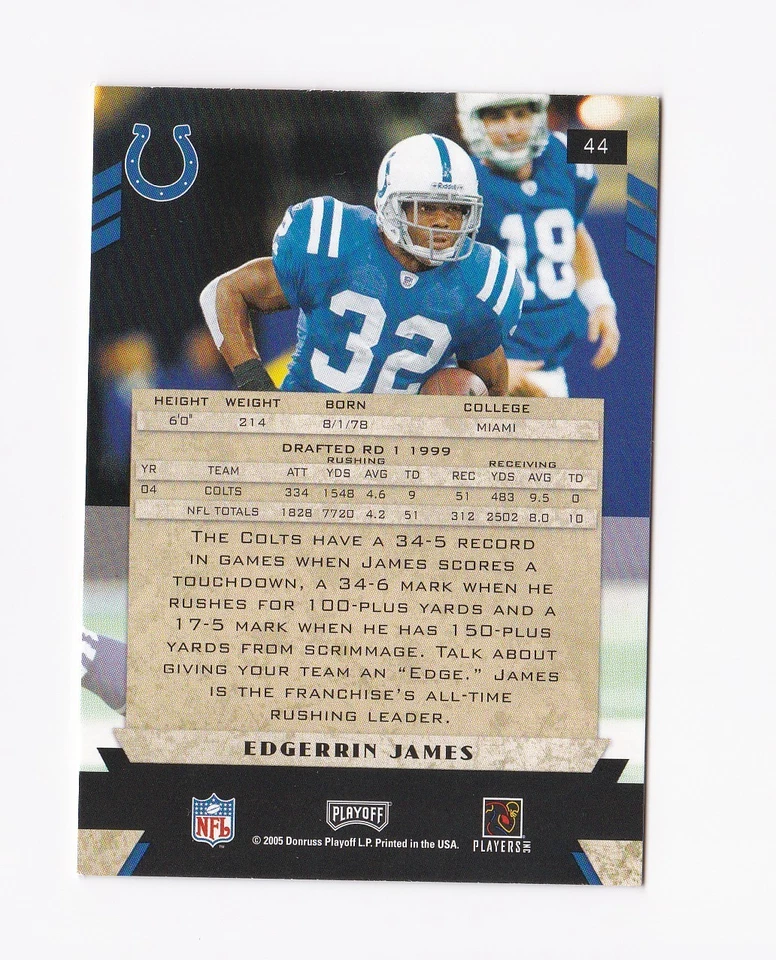 2005 Playoff Honors #44 Edgerrin James Indianapolis Colts Miami Hurricanes - Image 4 of 4