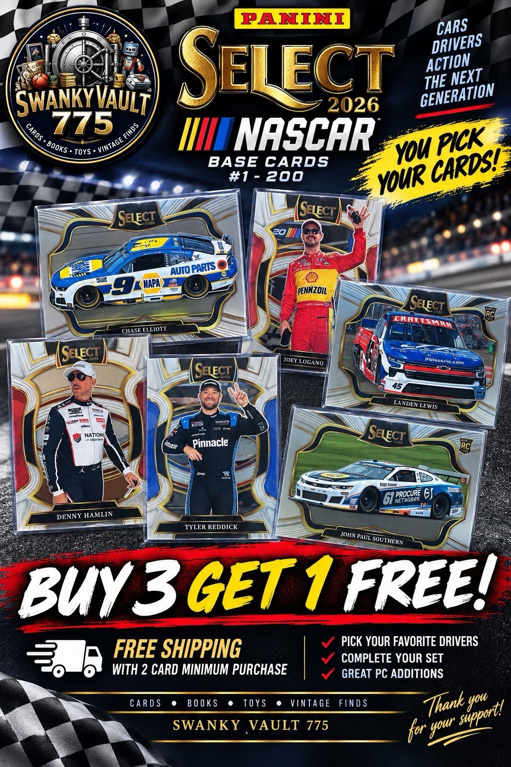 2026 PANINI SELECT RACING NASCAR BASE CARDS #1-200 YOU PICK BUY 3 GET 1 FREE